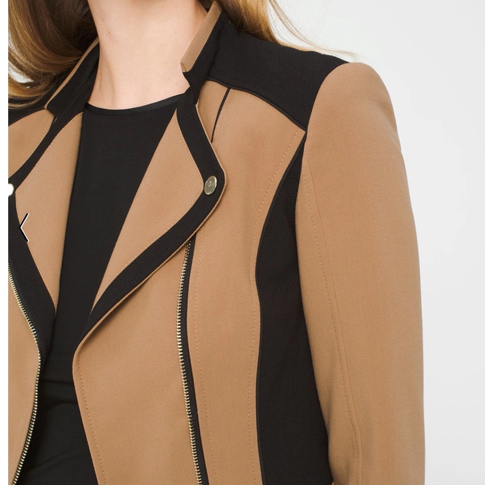 WHBM Blazer Jacket, Moto Asymmetrical Zippers, Tan Black, EUC, Sz 10 - Picture 9 of 9